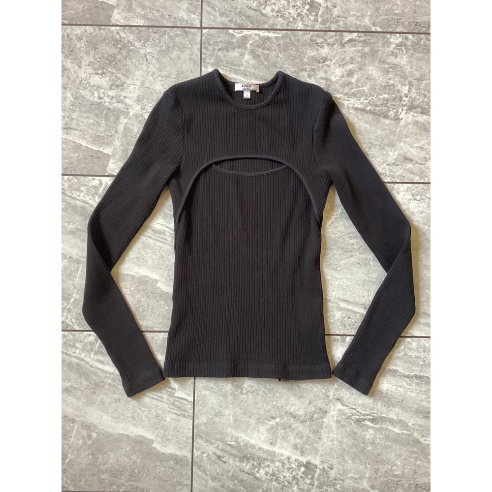 AGOLDE Womens Black Ribbed Knit Long Sleeve Cutout Front Top Size S